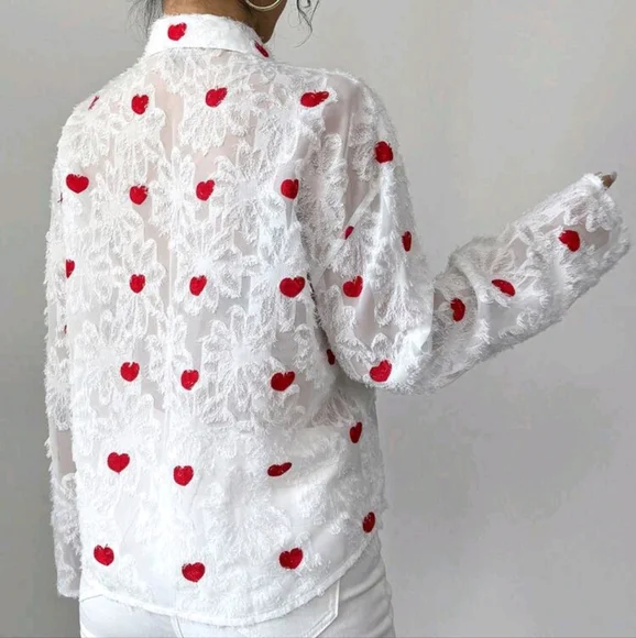 Valentine's Day Heart Cutout Tie Front Women Blouse, Red - Picture 2 of 4